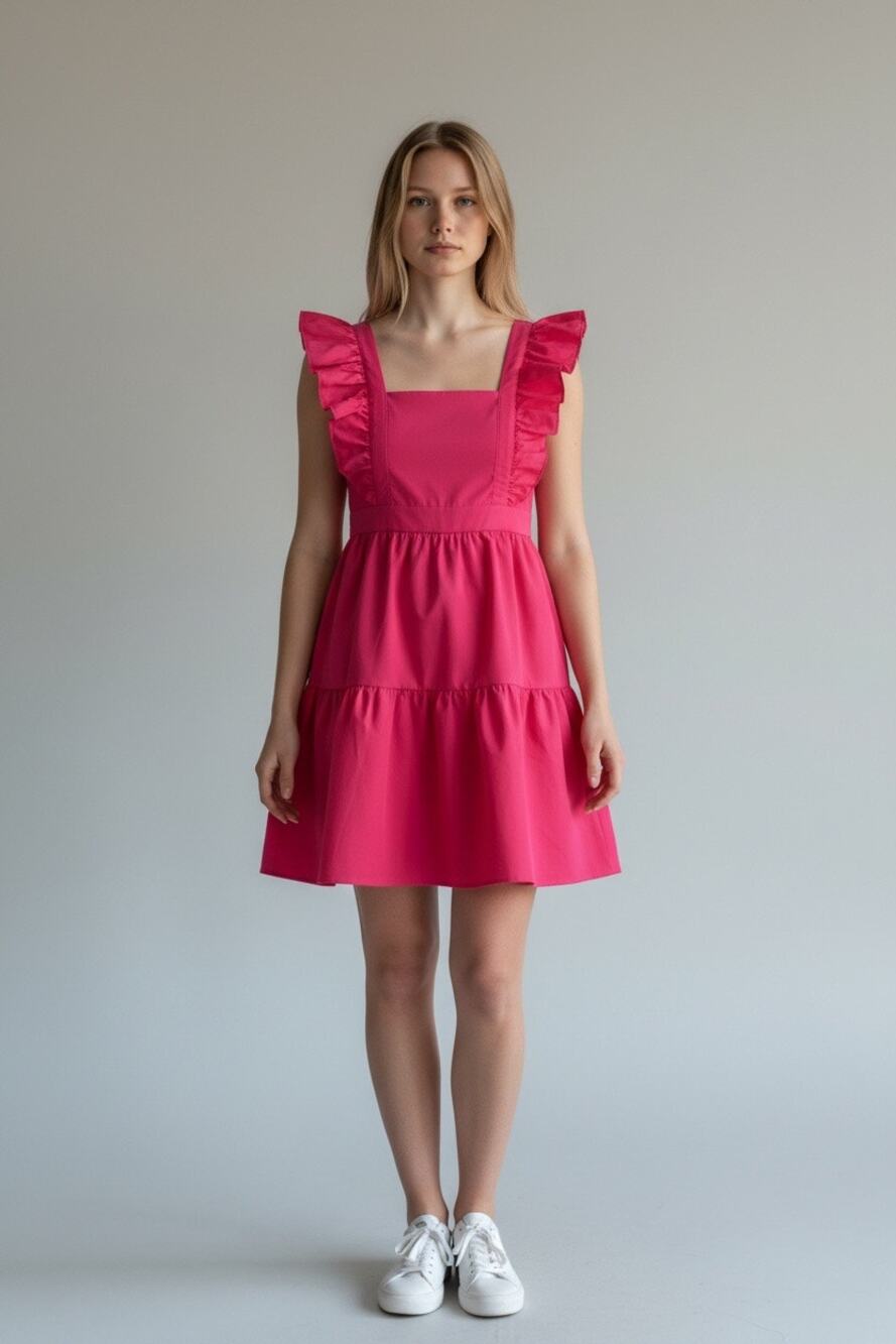 SHEIN Womens XS Hot Pink Ruffle Tiered Mini Dress Bow Back Sleeveless Size 2